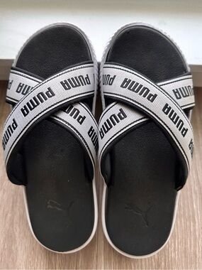 Puma Black Slides with White Logo Cross Straps